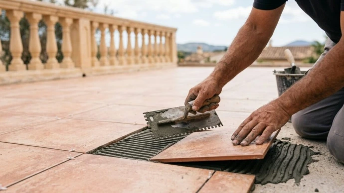 Préparation du sol et pose de carrelage extérieur par un artisan à Salazie