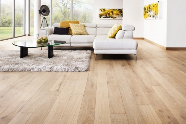 Vente et pose de parquet en bois clair pour salon moderne à Salazie
