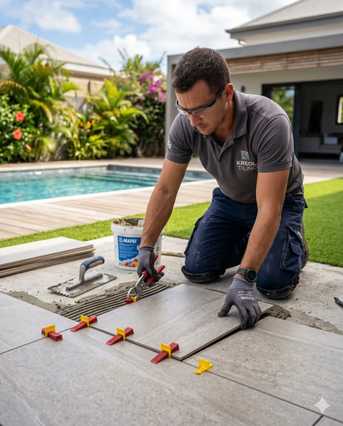 Pose de carrelage extérieur par un artisan pour aménagement de terrasse à Saint-Denis