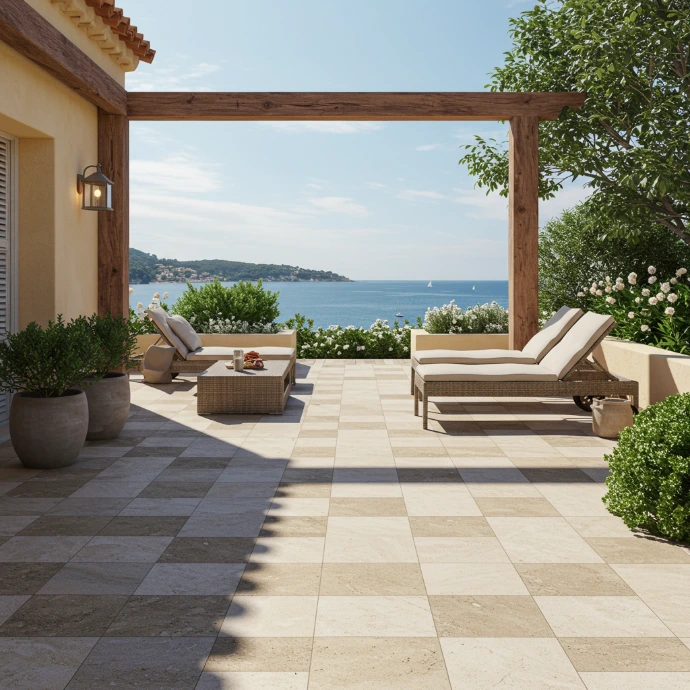 Aménagement de terrasse avec dalles extérieures et pergola à Saint-Joseph