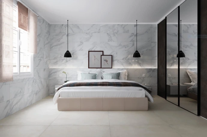 Revêtement de sol clair et décoration de chambre à coucher moderne à La Réunion